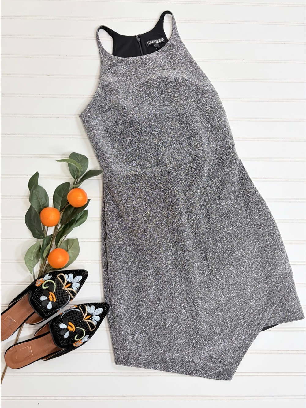 Express Silver High Neck Sleeveless Faux Wrap Glitter Mini Dress